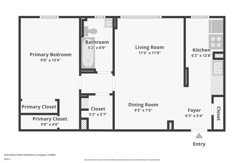 Floor plan for 1 bed, 1 bath, 808 sqft